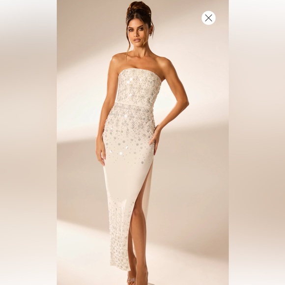 Oh Polly Hand Embellished Bandeau Maxi Dress in Ivory - Picture 2 of 8